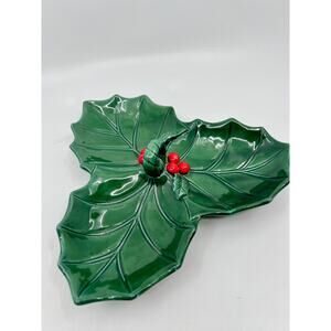 Vintage Lefton #6009 Green Holly Divided Relish Dish With Sticker Xmas Holiday